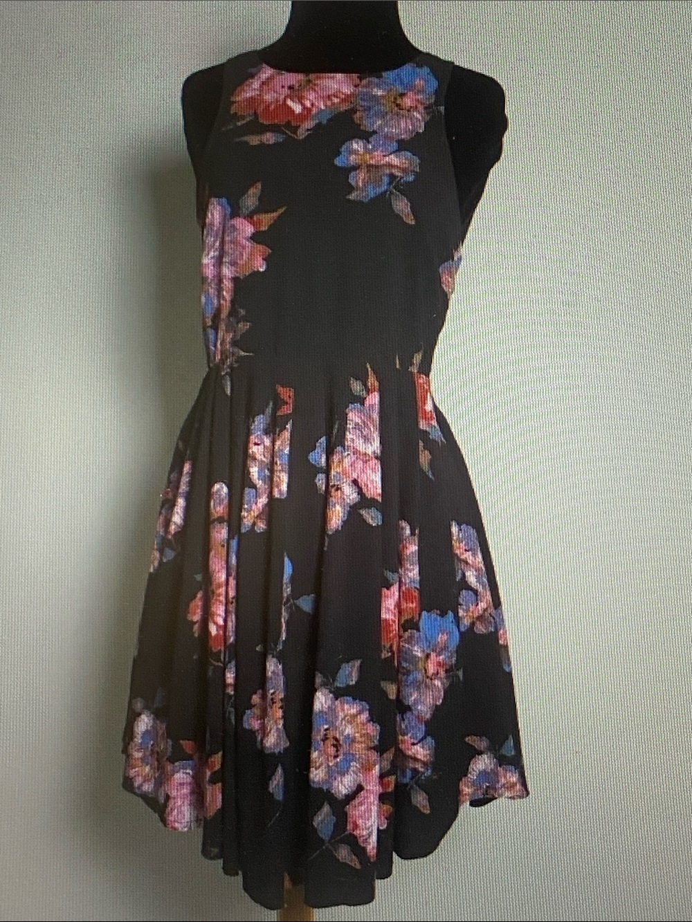Free People Black Floral Sleeveless Mini Dress with Pink & Blue Blooms